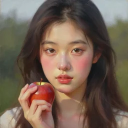 oil painting by ilya kuvshinov,, baugh casey, rhads, coby whitmore, of a youthful japanese beauty, long hair, holding candied apple, outdoors, highly detailed, breathtaking face, studio photography, dawn, intense subsurface scattering, blush, supple look, innocence, intense sunlight