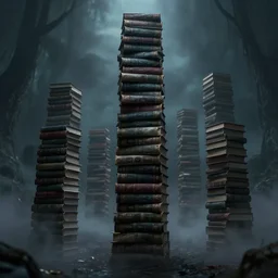 lined up book tower, symmetrical, books stacks, dark, creepy, magical, mist, artstation