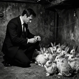 a scene of private investigator discovering 1 million rabbits living in the victims basement, film noir, black and white, comic book art, by yoji shinkawa and takehiko inoue and kim jung gi, masterpiece, perfect