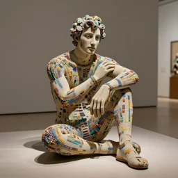 stunning intriguing sculpture of man sitting on the floor, composed of tiny colorful details, hyperdetailed, by antoni gaudi, in clean minimal style museum