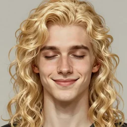 Pale blond Lucius with closed eyes smiling, clean shaven young androgynous, very detailed sharp angular masculine face, hooked nose and square jaw, long fluffy curly blond hair, very very very extremely light blond hair, gorgeous, beautiful, intricate, highly detailed, digital painting, artstation, concept art, sharp focus, illustration, art by greg rutkowski and alphonse mucha