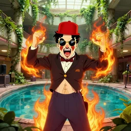 character art by ruan jia, charlie chaplin screaming wearing wayfarer glasses and red baseball hat at a music concert, on fire, fire powers, abandoned mall in the 1 9 8 0 s, taken over by nature, covered in vines, dream pool