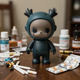 photo of a large occult toy on a table cluttered with drug paraphernalia