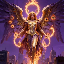 a render of a gigantic biblically accurate angel with rings of fire and many eyes over a city, purple, gold, hyper detailed, realistic, photorealistic