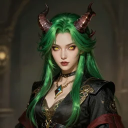 A Beautiful Professional Model with Green hair and Yellow eyes and demon horns, fashionable clothes, detailed, looking seductively at the camera, centered, digital painting, artstation, concept art, donato giancola, Joseph Christian Leyendecker, WLOP, Boris Vallejo, Breathtaking, 8k resolution, extremely detailed, beautiful, establishing shot, artistic, hyperrealistic, beautiful face, octane render, cinematic lighting, dramatic lighting, masterpiece