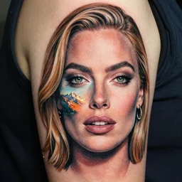 face morph tattoo design of margot robbie and beautiful mountain scenery, in the style of arlo dicristina, amazing detail, mash up