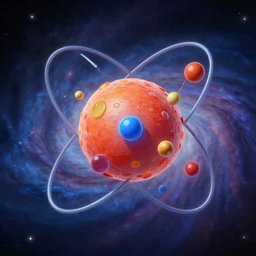 Isometric view of a visualization of interactions between elementary particles within an atomic nucleaus, background of galaxy filiments