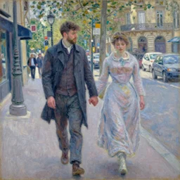 Oil painting of a couple holding hands walking in the streets of Paris, in the style of Monet