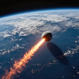 Meteor rushing towards the Earth, fire trail, view from space