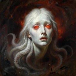 painting by ivan aivazovsky of a flying sorrowful looking human head with tears running down it's eyes, face that is chalk white in color, with long sprawling white tentacles stemming down it's neck, fiery scorching red eyes, flying in a terrying hellish dark cavernous place