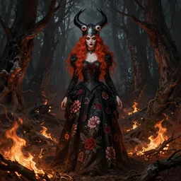 full body shot, malevolent witch with 5 0 0 eyes facing front, red hair, crow helmet, floral dress, dead forest on fire, fantasy, intricate, photorealistic, elegant, stylish, highly detailed, digital painting, artstation, concept art, smooth, sharp focus, illustration, art by artgerm and greg rutkowski and terese nielsen, dark scheme