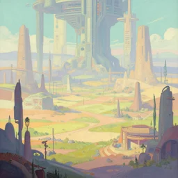 a scifi landscape painting by Dan Mumford, by Greg Hildebrandt,trending on artstation,intricate,2d,4k,pastel colors