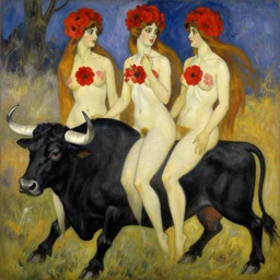 highly detailed painting of gemini goddesses wearing red flowers riding a black bull by tamara de lempicka