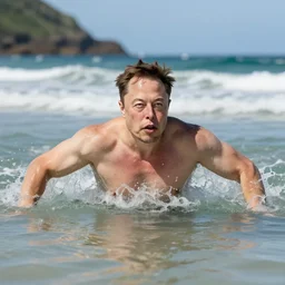 Elon musk without shirt swimming in the beach