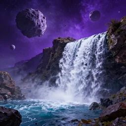 waterfall in asteroid field, purplish space in background, ultra detailed, artstation award winner, octane render, vibrant, high quality water
