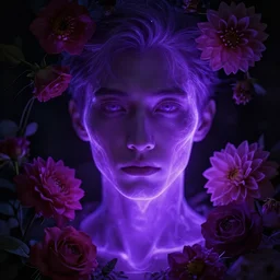closeup portrait of an ethereal person made of purple light, divine, male, cyberspace, mysterious, surrounded by flowers, roses, dahlias, dark high-contrast concept art, trending on Artstation