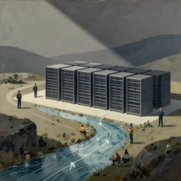 illustration of a data-center architecture or schema, secret security agent, datastream or river, painting by Jules Julien, Leslie David and Lisa Frank and Peter Mohrbacher and Alena Aenami and Dave LaChapelle muted colors with minimalism