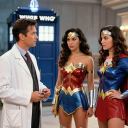 doctor who meeting wonder woman and super girl. super sharp focus. ultra detailed