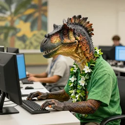 a stegosaurus in a luau shirt working in computer science