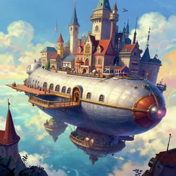 scifi airship docked at a floating victorian era city, dnd illustration, colorful, vibrant, reminiscent of treasure planet by disney