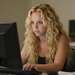 4 4 4, young britney spears look alike with extremely long blonde voluminous curly hair sitting at her computer, 4 4 4, anxious