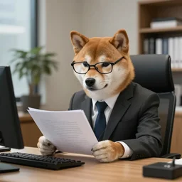 shiba inu in a suit and glasses reading a document at a desk in his office. Highly detailed 8k. Intricate.