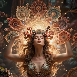 ridiculously beautiful young woman tripping, coral fractals radiating from head with sacred geometry, natural, awakening, symmetrical, in the style of ernst haeckel, effervescent, warm, photo realistic, epic and cinematic,