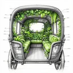 annotated highly, detailed and intricate, sketch of the inside of a carriage cabin full of green green green plants, marker concept art style rendering, concept art, half blueprint, trending on artstation, intricate details, center frame, annotations