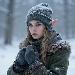 an high - elf in a winter storm, wearing a knitted hat and mittens, dnd character art, fantasy concept art, highly detailed, intricate