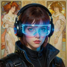 neon cyberpunk hacker with glowing geordi visor and headset headshot portrait painting by donato giancola, kilian eng, daniel f gerhartz, hayao miyazaki, alphonse mucha, mead schaeffer fashion photography