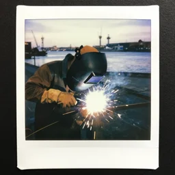 a polaroid of a person welding in the harbour of Rotterdam