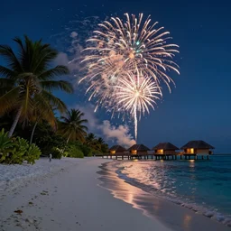 nature by carlo stanga, beautiful maldives beach, with fireworks and stars in the night skynature steampunk, archdaily, wallpaper, highly detailed, trending on artstation.