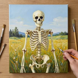alive skeleton painting a landscape with brushes