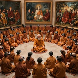 large crowd of thousands of monks wearing vr headsets and sitting in circular formation, old master painting by luis ricardo falero, louise zhang,