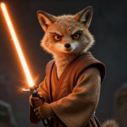 portrait, anthropomorphic coyote wearing Jedi robes wielding an orange lightsaber, dramatic lighting, cinematic, establishing shot, extremely high detail, photo realistic, post processed, artstation, matte painting, style by eddie mendoza, raphael lacoste, alex ross
