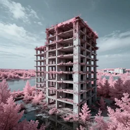 a beautiful very detailed rendering of unfinished building nature basement city urbex abandoned building architecture by albert bierstadt, fisheye infrared uv light hyperrealism lake myst cyberpunk, archdaily, wallpaper, highly detailed, trending on artstation.