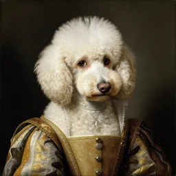 portrait of a white poodle dog as an italian queen, painting by botticelli, 1 4 8 0 s