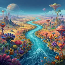 digital illustration of the river tethys flowing through a vibrant alien landscape, art by Benoit B. Mandelbrot, Steven Belledin, Beeple, and Caspar David Friedrich, colorful alien flora, terraformed alien planet, wide angle, panoramic, fantasy, 8k resolution, deviantart, trending on Artstation, concept art, Terragen, HDR, Octane