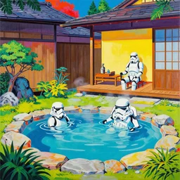 hyperrealistic composition of the japanese home with a garden, stormtrooper in hot springs, pop - art style, jacky tsai style, andy warhol style, roy lichtenstein style, rich palette, acrylic on canvas