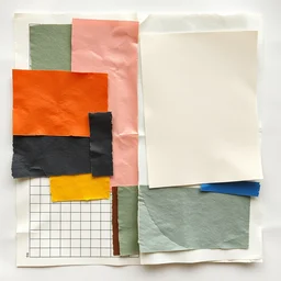 collage of cut coated and uncoated colored papers over graphite grid on two joined sheets of paper