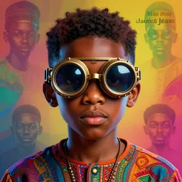 colourful vfx upper half - portrait - art of a nigerian boy wearing steam punk goggles with proportions in the style of jack davis, art by hsiao - ron cheng & james jean, concept art, digital illustration, caricature, digital render, volumetric light, ray tracing, symmetrical, unreal engine, octane render, sharp, detailed, highly detailed, intricate detail, pinterest, behance, art station,