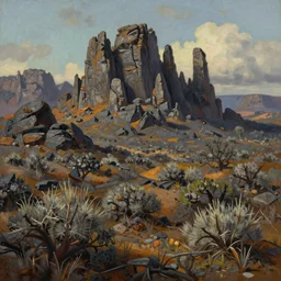 scorched shrublands with jagged stone spires, extremely detailed oil painting, unreal 5 render, rhads, sargent and leyendecker, savrasov levitan polenov, bruce pennington, studio ghibli, tim hildebrandt, digital art, landscape painting, octane render, beautiful composition, trending on artstation, award winning photograph, masterpiece