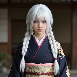 hyper - realistic + photorealistic render with very extreme intricate details, of a girl!!! wearing a kimono, blue eyes and long! white braided hair!, in the style of final + fantasy + 6, 8 8 mm lens, medium shot, maya, cinema 4 d