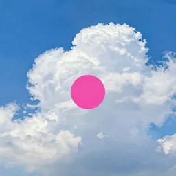 a masterpiece painting of a blue sky with puffy white clouds and a dayglo pink dot in the center