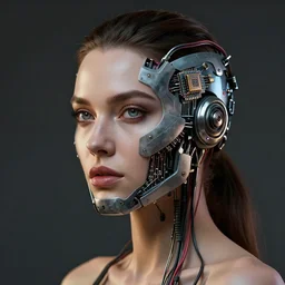 sexy beautiful woman head made of mech mask rendered in unreal engine, cinematic light, cyberpunk, microchips, wires comming from core processor scifi, painted by david burliuk | bernard buffet | carne griffiths | wlop