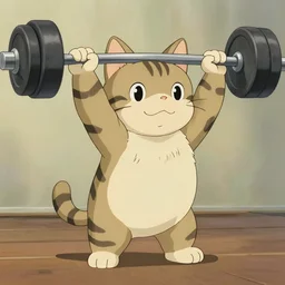tabby cat lifting weights, studio ghibli style, pastel colours, hd