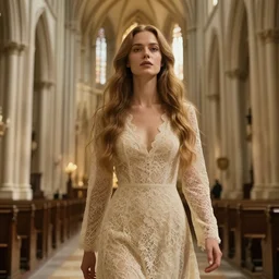 cinestill 5 0 d portrait of a dreamy beautiful woman britt marling 3 / 4 by liebovitz walking in nave of a gothic cathedral, long hair, wearing long lace, 2 4 mm lens, 8 k, elegant, highly detailed, pale gold matt, brutal rembrandt, artstation, sharp focus, head in focus