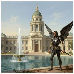 neoclassical tower with dome next to palace water way and a fountain. battle angel alita. by rembrandt 1 6 6 7, illustration