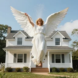 the angel of love and prosperity, showering it's great energy over a 1 9 6 0's white farm house