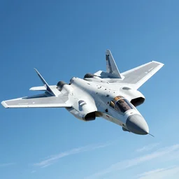 An awe inspiring flight shot of a VF-25 from Macross Frontier soaring through the air on a sunny day with a clear blue sky